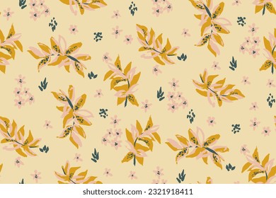 Autumn feminine seamless pattern with leaves in orange and brown tones
