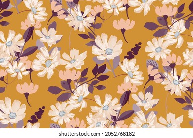 Autumn feminine seamless pattern with wildflowers in orange and brown tones