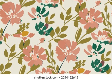 Autumn feminine seamless pattern with wildflowers in orange and brown tones