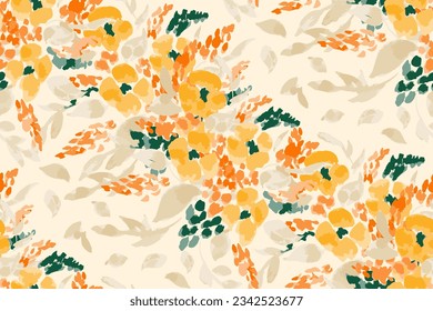 Autumn feminine seamless pattern with wildflowers in orange and brown tones.Hand drawn. Not AI