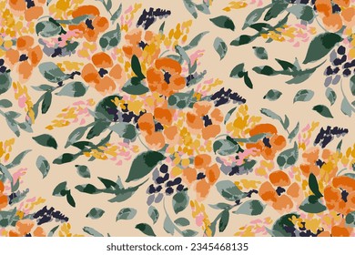 Autumn feminine seamless pattern with wildflowers in orange and brown tones.Hand drawn. Not AI