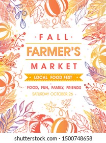 Autumn fermers market banner with leaves and floral elements in fall colors.Local food fest design perfect for prints,flyers,banners,invitations.Fall harvest festival.Vector autumn illustration.