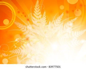 Autumn fern leaves bright orange background