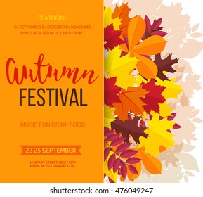 Autumn festival background. Invitation banner with fall leaves and lettering. Vector illustration.