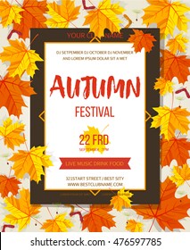 Autumn festival background. Invitation banner with fall leaves and lettering. Vector illustration.