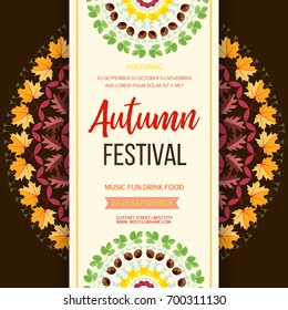 Autumn festival background. Invitation banner with fall leaves and lettering. Vector illustration.