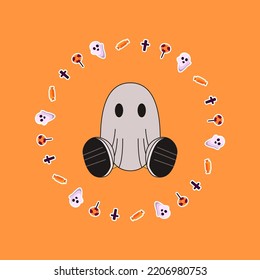 Autumn festival. Great Halloween or All Saints' Day. Funny vector illustration with the image of a cute ghost