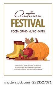 Autumn festival greeting card. Poster template with pumpkin, boots and apple. Celebration harvest concept. Vector illustration