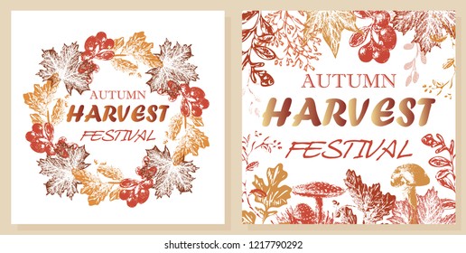 Autumn festival of the harvest festival with autumn leaves, berries and mushrooms in autumn colors. Harvest fest design for prints, flyers, banners, invitations and more. Vector autumn.