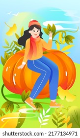 Autumn festival, harvest season, character harvest pumpkin, vector illustration