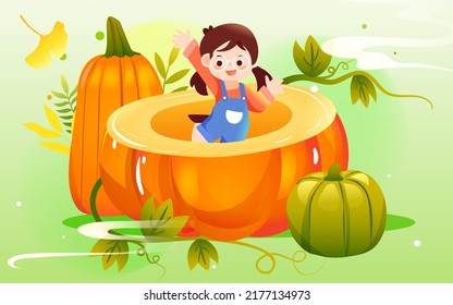 Autumn festival, harvest season, character harvest pumpkin, vector illustration