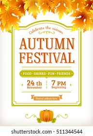 Autumn Festival Invitation. Fall Party Template. Thanksgiving Day - American Holiday. Fall Maple Leaves. Fun Harvest Festival Autumn Flyer With Text. Vector Background. Vintage, Retro Design.