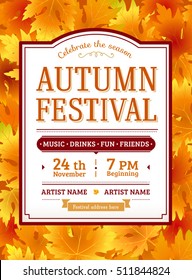 Autumn festival invitation. Fall party template. Thanksgiving day - american holiday. Fall maple leaves. Fun harvest festival autumn flyer with text. Vector background. Vintage, retro design.