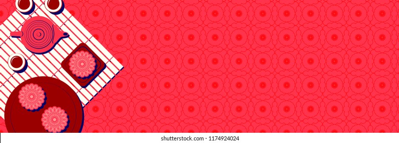 autumn festival moon cake and tea flat design background vector illustration