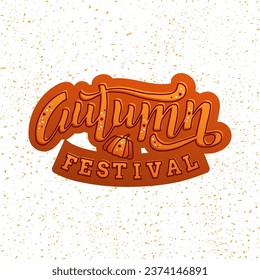 Autumn Festival orange lettering phrase with pumpkin icon on textured background. Hand drawn vector illustration with text decor for signboard or advertising. Positive nice quote for banner or poster