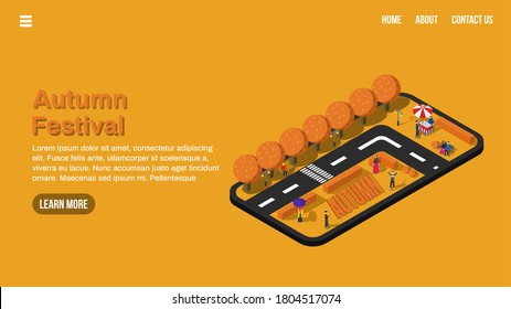 autumn festival party landing page with isometric autumn or fall season landscape illustration. web interface ui ux invitation