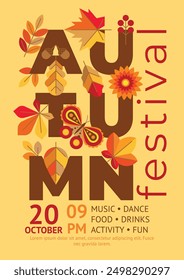 Autumn festival poster with bright leaves, butterfly and flower. Beautiful creative flyer template for autumnal festival or event with colorful symbols of nature.