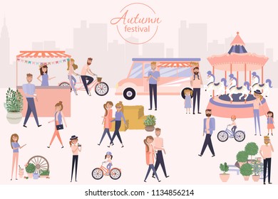 Autumn festival poster with people walking between attractions or caterers, buying meals, ride a bike, taking photo, talking to each other, cartoon flat design. Editable vector illustration