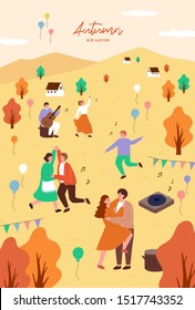 Autumn festival. Poster template for outdoor festival. Flat cartoon colorful vector illustration.