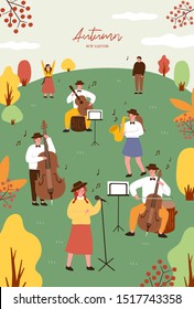 Autumn festival. Poster template for outdoor festival. Flat cartoon colorful vector illustration.