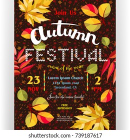 Autumn festival poster template. Text customized for invitation for celebration. Different letters, colorful fall leaves and fireworks background. Vector illustration.
