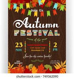 Autumn festival poster template. Text customized for invitation for celebration. Ornate letters, colorful fall season leaves and flags. Vector illustration.