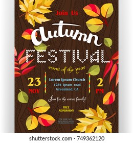 Autumn festival poster template. Text customized for invitation for celebration. Different letters, colorful fall leaves at ornate background. Vector illustration.