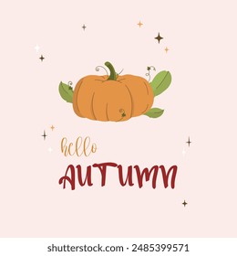 Autumn Festival With Pumpkins. Fall in Love. Harvest Festival. Pumpkins Thanksgiving flat color illustration. Thanksgiving autumn card vector background. Hello Autumn