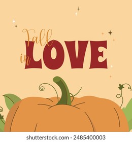 Autumn Festival With Pumpkins. Fall in Love. Harvest Festival. Pumpkins Thanksgiving flat color illustration. Thanksgiving autumn card vector background.