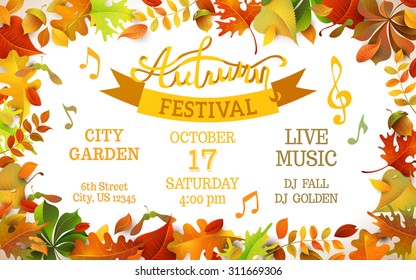 Autumn Festival template. Bright colorful autumn leaves on horizontal white background. You can place your text in the center.