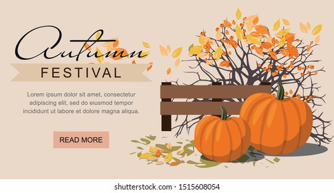 Autumn festival web banner. Pumpkins next to the berry Bush. Vector Illustration