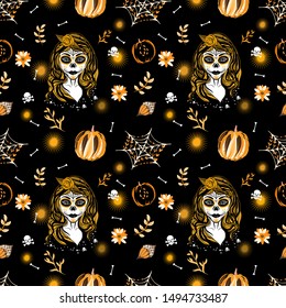 Autumn festive background. Halloween vibes. Mexican carnival Dia de los muertos (Day of the dead) concept with Calavera Catrina, spiderweb, pumpkin and acorn. Seamless pattern. 