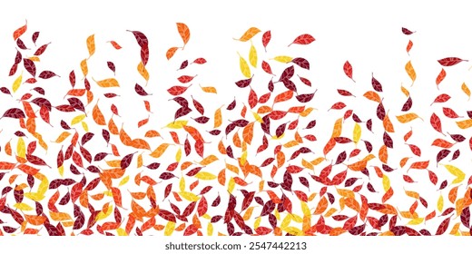 Autumn festive banner with scattered birch leaves in traditional fall colors - orange, yellow, red, brown. Vector illustration. Autumn leaves dry foliage falling and flying.