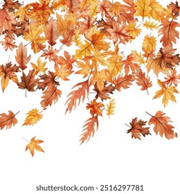 Autumn festive banner with scattered mix tree leaves in traditional fall colors - orange, yellow, red, brown. Vector illustration. Autumn leaves dry foliage falling and flying frame border design