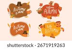 Autumn festive label set with pumpkins leaves decorative style