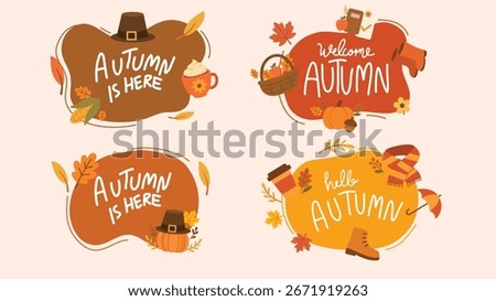 Autumn festive label set with pumpkins leaves decorative style