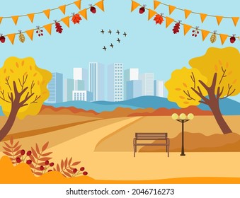 Banner vectorial de paisaje festivo de otoño. Parque urbano otoñal, naranjos, banco, aves migratorias, carretera, guirnaldas vacacionales. Ilustración de la temporada de otoño.