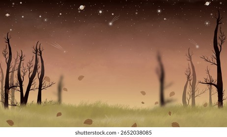 Autumn field with bare trees under starry sky, falling leaves and glowing shooting stars, fantasy night landscape, dreamy nature scene in brown tones.