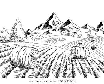 Autumn field hill graphic black white landscape sketch illustration vector