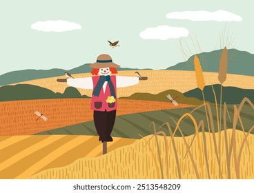 Autumn field landscape with a scarecrow
