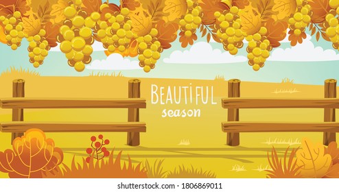 Autumn field surrounded by a wooden fence. Bushes, twigs and grapes. Vector