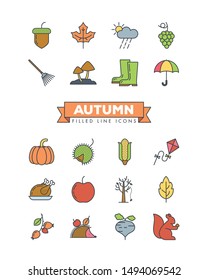 Autumn filled line icons set. Collection of fall related objects, plants and animals illustrations. Seasonal vector color symbols.