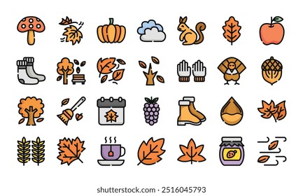 Autumn filled outline icon set.Vector illustration of fall season elements.