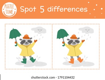 Autumn Find Differences Game For Children. Fall Season Educational Activity With Raccoon With Umbrella Under The Rain. Printable Worksheet With Funny Smiling Animal. Cute Forest Scene
