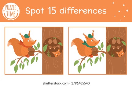 Autumn find differences game for children. Fall season educational activity with squirrel sitting near the tree hollow. Printable worksheet with funny smiling animal. Cute forest scene
