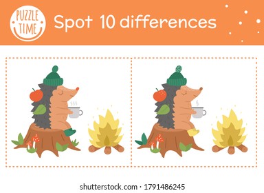 Autumn find differences game for children. Fall season educational activity with hedgehog sitting in a stump near the fire. Printable worksheet with funny smiling animal. Cute forest scene
