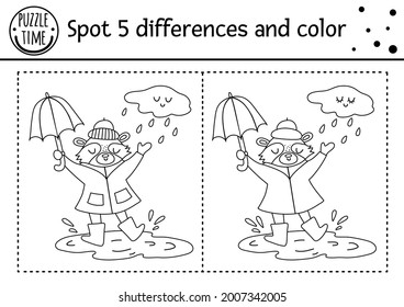 Autumn find differences game for children. Black and white educational activity and coloring page with raccoon under the rain with umbrella. Fall season printable worksheet with cute forest animal. 
