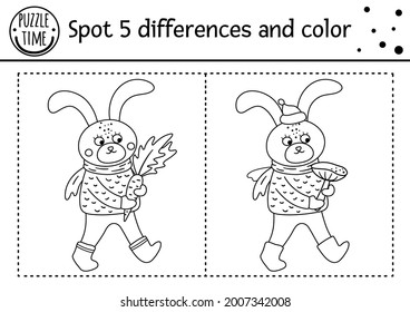 Autumn find differences game for children. Black and white educational activity and coloring page with hare carrying carrot. Fall season or Thanksgiving printable worksheet with cute forest animal. 
