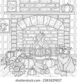 Chimenea de otoño con un gato y calabazas. Antirestrés libro colorido para niños y adultos. Ilustración aislada sobre fondo blanco. Estilo zenano-margino. Dibujo manual