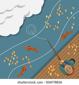 Autumn fishing. View from above. Vector illustration.